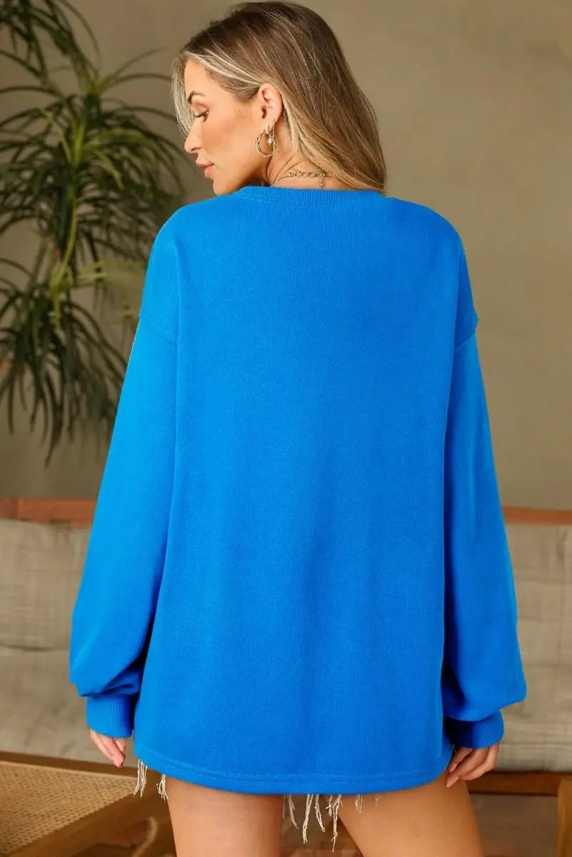 Sky Blue Solid Color Drop Shoulder Long Sleeve Basic Sweatshirt - Love Salve